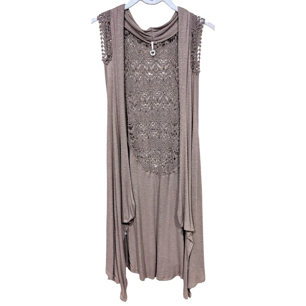 Robin K Pleione Light Brown Crochet Sleeveless Knit Waterfall Sweater sz M